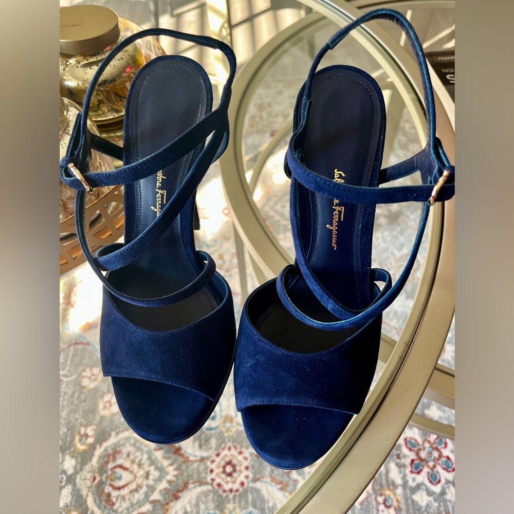Salvatore Ferragamo Dark Blue Suede Strappy Heels